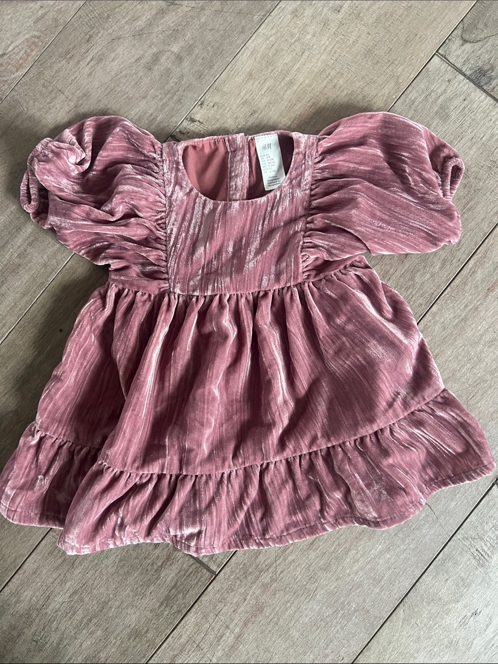 H&M Dusty Rose Velvet Puff-Sleeve Tiered Dress